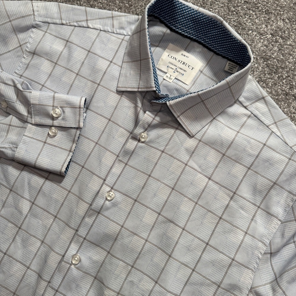 CON.STRUCT Dress Shirt Mens L Blue Plaid 4-Way Stretch Cooling Performance Shirt